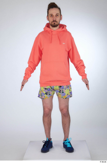 Nigel a-pose blue sneakers dressed floral printed shorts salmon hoodie…